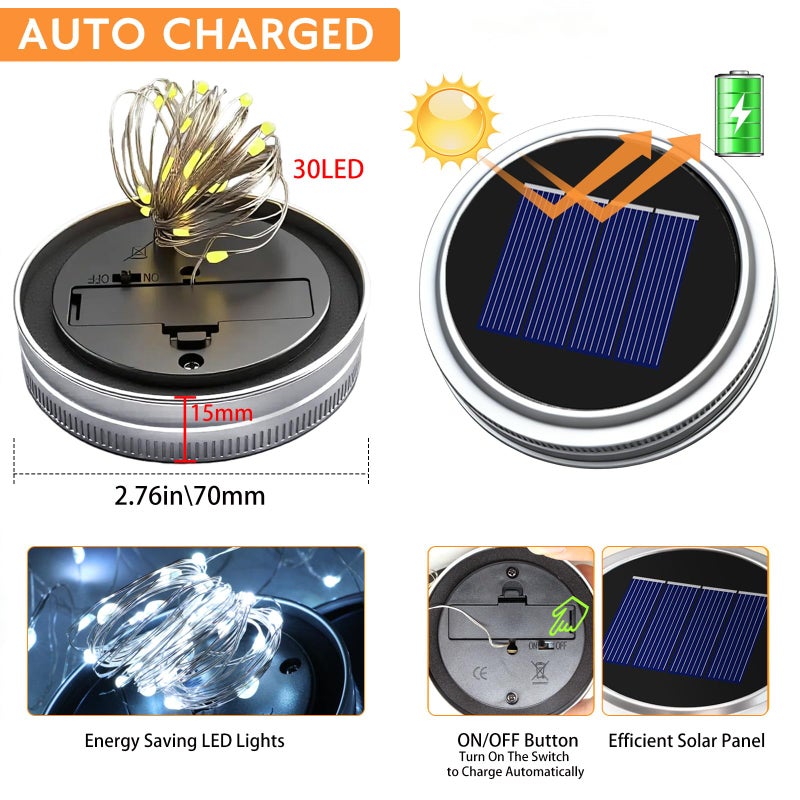 VOOKRY 6 Pack Solar Mason Jar Lights, 30 LED Mason Jar Lids Waterproof Firefly Fairy String Lights with 6 Hangers(No Jars), for Outdoor Patio Garden Yard Lawn Party Wedding Decoration - Cool White - Image 2